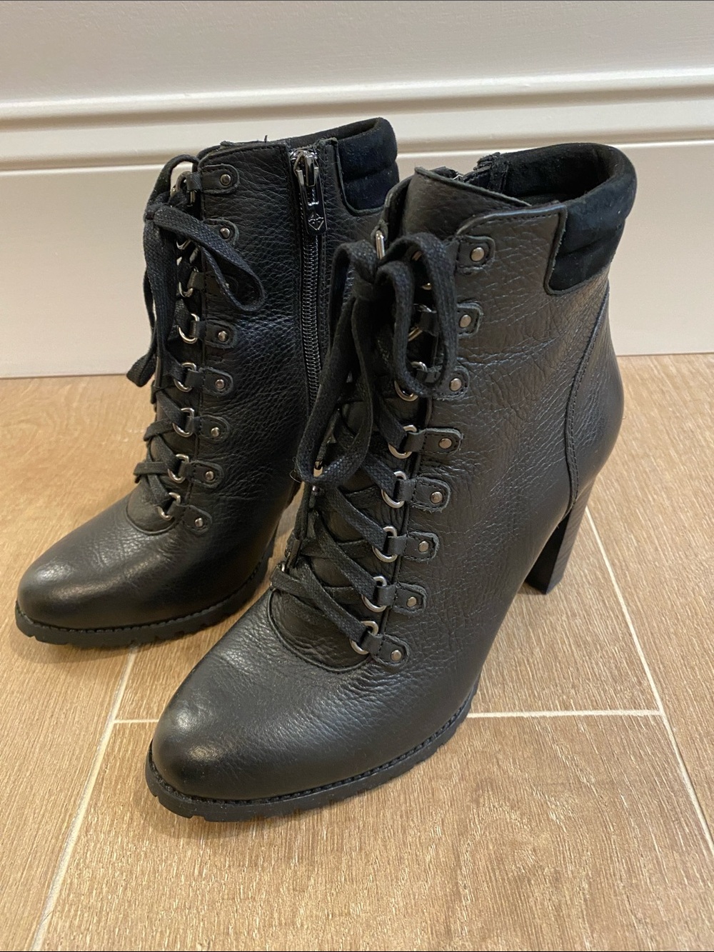 ANTONIO MELANI Black Lace-Up Block Heel Ankle Boots